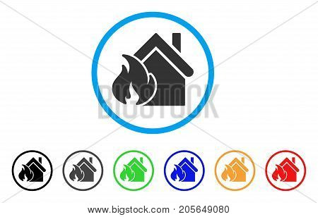 Realty Fire Disaster rounded icon. Style is a flat realty fire disaster grey symbol inside light blue circle with black, gray, green, blue, red, orange variants.