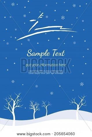 New Year Winter Season Holidays poster. Flyer template size A 4. Playful reindeer blue background. Freehand drawn cartoon running deer. Decorative Christmas seasonal event banner. Vector illustration