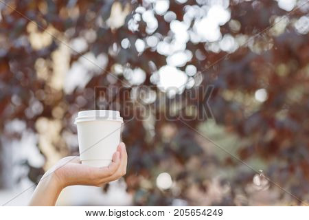 Human holding in the hand a cup of coffee on the nature. Close-up of drink.