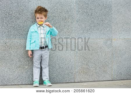 Fashion baby boy in mint jacket and sneakers stands on a gray wall background. Trendy boy with lollipop standing on the street.