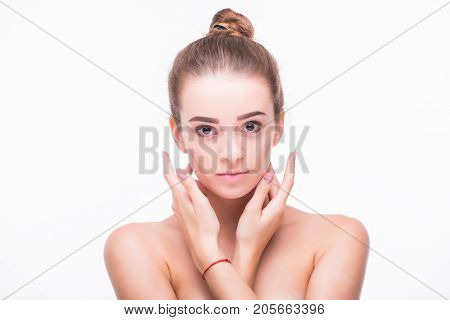 Young Beauty Girl With Healthy Care Beautiful Healthy Clean Skin And Hand Touching Face Isolated