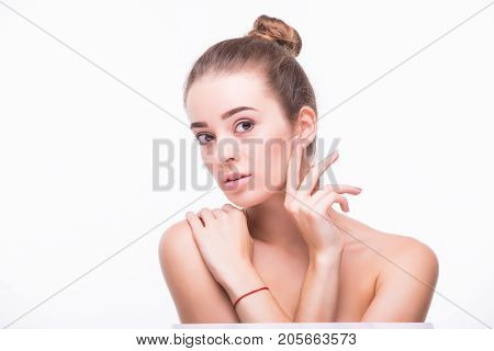 Young Beauty Girl With Healthy Care Beautiful Healthy Clean Skin And Hand Touching Face Isolated
