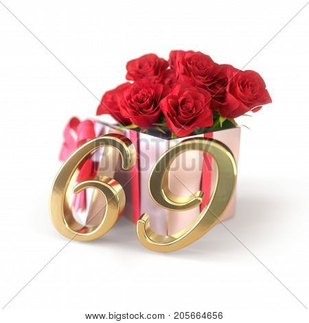 birthday concept with red roses in gift isolated on white background. 3D render - sixty-nineth. 69th.