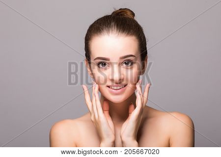 Studio Portrait Of A Beautiful Young Woman With Brown Hair. Pretty Model Girl With Perfect Fresh Cle