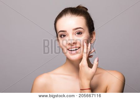 Studio Portrait Of A Beautiful Young Woman With Brown Hair. Pretty Model Girl With Perfect Fresh Cle