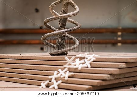 Tiling, Tile Trimming, Metering And Cutting. Repair Of The Floor. Sliced Gres Tiles.