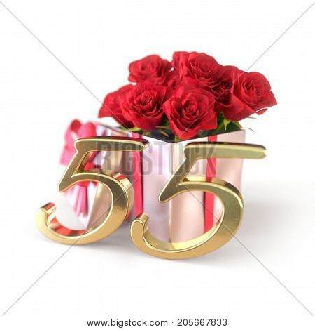 birthday concept with red roses in gift isolated on white background. 3D render - fifty-fifth birthday. 55th