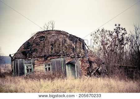 Abandoned Russian village. Ruins of rural house with thatched roof