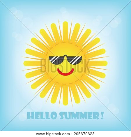 Hello Summer smiling yellow sun emoji icon with sunglasses in the blue sky