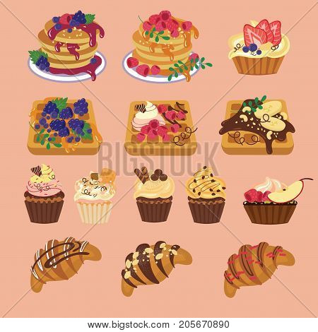 set with tasty sweets products on peach background