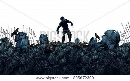 Halloween grave zombie background as a creepy walking monster in a blank area for text as a spooky dead scary ghost as an autumn holiday greeting isolated on white with 3D illustration elements.