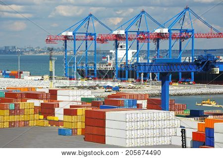 Port Cargo Crane, Ship And Container