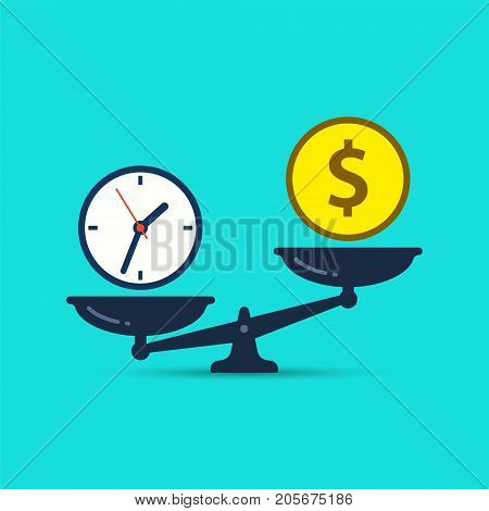 Time is money concept. Clok and money symbols on scale. Vector illustration.