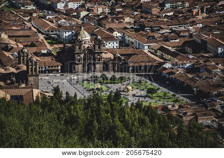 View of the Plaza de Armas of Cusco from above