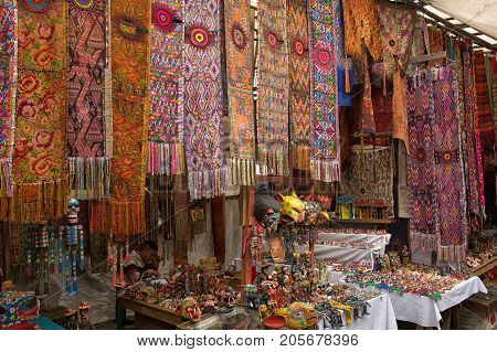 February 5 2015 Chichicastenango Guatemala: the extensive artisan market is offering a wide range of handmade products