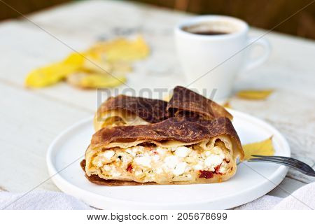 Strudel, Pie With Cheese. Autumn Decoration.
