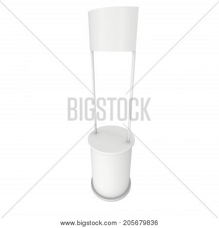 Stall or Kiosk Modern Promostand Reception Desk. Trade show booth white and blank. 3d render illustration isolated on white background. Template mockup for your expo design.