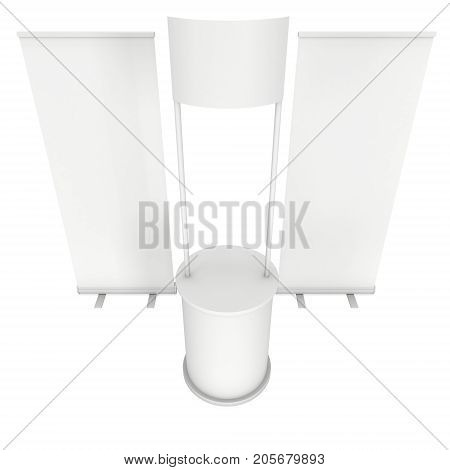 Stall or Kiosk Modern Promostand Reception Desk with roll up. Trade show booth white and blank. 3d render illustration isolated on white background. Template mockup for your expo design.