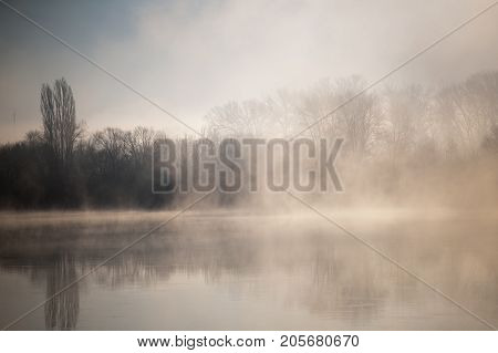 Morning on the river early morning reeds mist fog and water surface on the river
