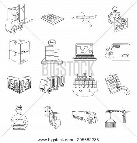 Forklift, cargo plane, goods, documents and other items in the delivery and transportation. Logistics and delivery set collection icons in outline style isometric vector symbol stock illustration .