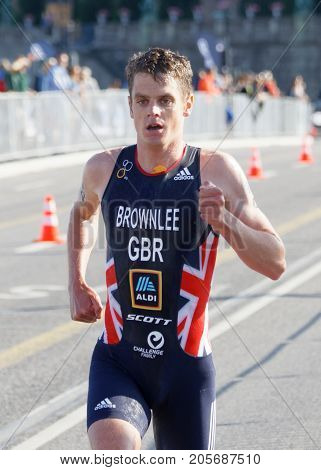 STOCKHOLM - AUG 26 2017: Leading triathlete Jonathan Brownlee running in the Men's ITU World Triathlon series event August 26 2017 in Stockholm Sweden