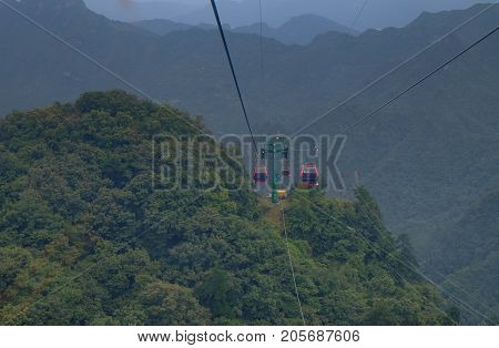 the view of Wudang mountain view from the cable car. taken to the top of this hill That's a Golden temple. Hubei Province china