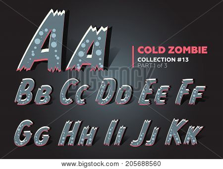 Halloween Vector Zombie Font. Raggy Alphabet in Horror Style. ABC Set for Halloween Celebration Card Poster Placard. Funny Cartoon Font. Typeface Colored Like Dead Monster.