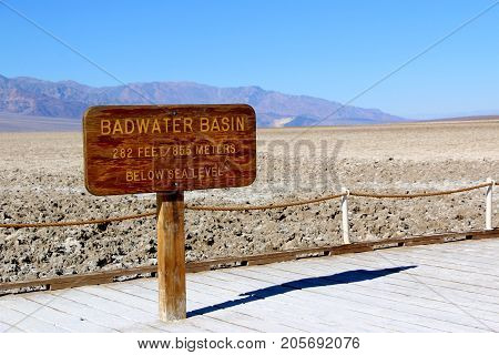 Badwater Basin Sign In Death Valley National Park, California, Usa