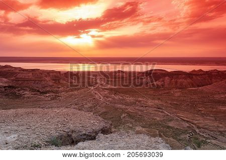 Steppe rocks at sunset. Kazakhstan. Mangistau region.