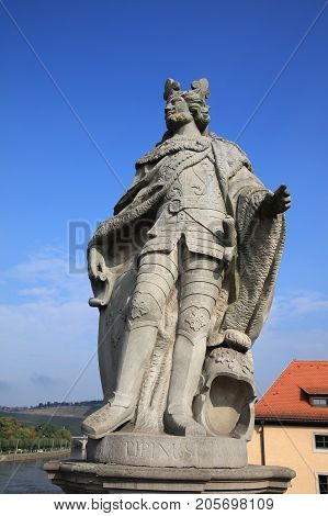 Baroque Statue of Pippin (King of Franconia) on old Main Bridge in Wurzburg. Germany