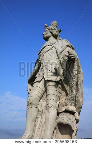 Baroque Statue of Pippin (King of Franconia) on old Main Bridge in Wurzburg. Germany