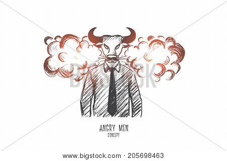 Angry man concept. Hand drawn man with head of bull. Furious person isolated vector illustration.