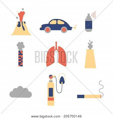 Air pollution icon set. Stock vector illustration of emissions from cars factory household spray volcano smoking. Flat style.