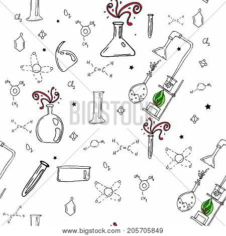 Vector seamless pattern with hand drawn glass flasks. Uncolored bottles. Back to school.
