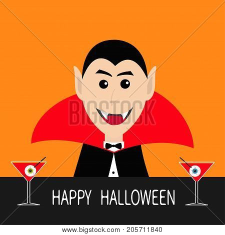 Count Dracula head face wearing black and red cape. Cute cartoon smiling vampire character fangs. Bar counter Martini glass with blood eyeball. Happy Halloween. Flat design. Orange background. Vector