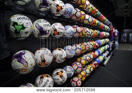 Swansea, UK: July 09, 2017: Six rows of footballs in an horizontal format.