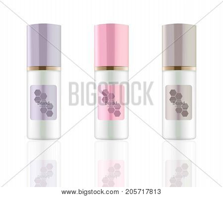 Lotion Cosmetics set Vector realistic mock up. Purple package Hydration cream bottle. Perfect for advertising, flyer, banner, poster. 3d illustrations