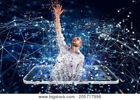 Captured and trapped businessman from internet technology. Concept of internet addiction