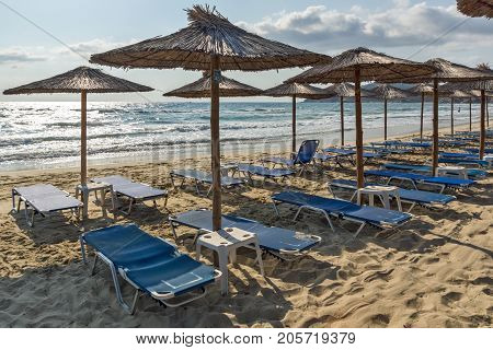 Panoramic view of Sarti Beach at Sithonia peninsula, Chalkidiki, Central Macedonia, Greece
