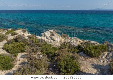 Panoramic view of Orange Beach Kavourotripes at Sithonia peninsula, Chalkidiki, Central Macedonia, Greece