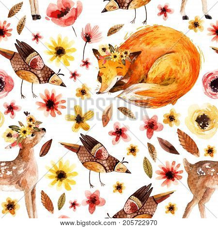 Cute watercolor animals on floral background. Detailed seamless pattern with little fawn sleeping fox birds flowers petals leaves natural elements. Hand painted illustration for nursery design