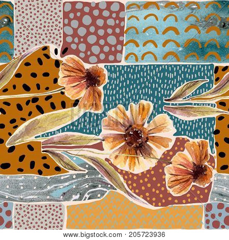 Autumn watercolor flowers on geometric background with doodles. Hand drawn dahlia flowers with scribble marbling textures for fall design. Watercolour art illustration