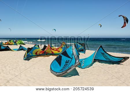 January 25 2014 Los Barriles Mexico: colourful kites lining up on the beach at the 'Lord of the Wind' surf kite competition