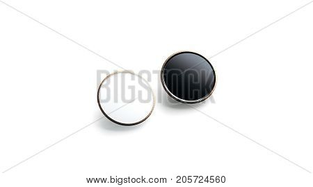 Blank black and white round gold lapel badge mock up side view 3d rendering. Empty luxury hard enamel pin mockup. Golden clasp-pin design template. Expensive square brooch for logo presentation