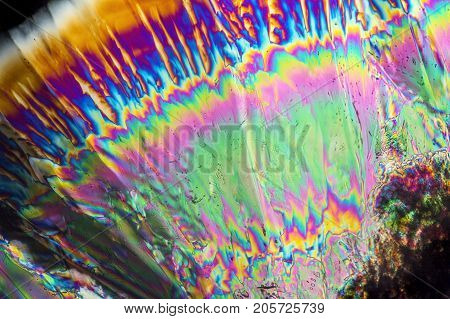 colorful microscopic shot of Trisodium citrate microcrystals in polarized light