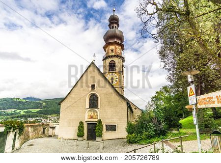 BRUNICO,ITALY - SEPTEMBER 17,2017 - View at the St.Katherine church of Brunico in Dolomites. The Dolomites are a mountain range located in northeastern Italy.