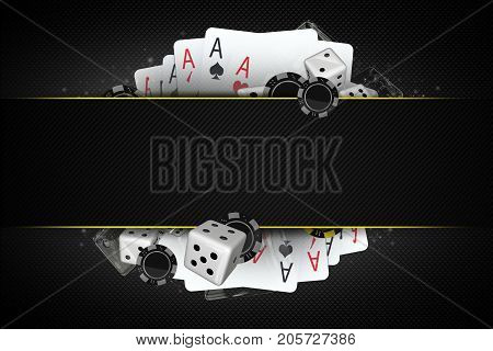Blackjack Dices and Casino Chips 3D Illustration with Center Copy Space Section. Casino Gambling Concept.