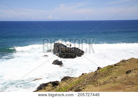 Big stone in sea form, storm on a coast
