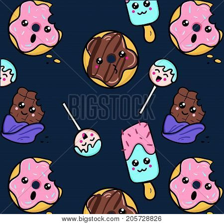 Cute Kawaii seamless pattern. Vector pattern isolated on blue background. Print design for textile, posters, greeting cards, cases etc.