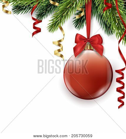 Vector Christmas tree branch with red ball isolated on white. Christmas and new year background with place for your text. Vector template.